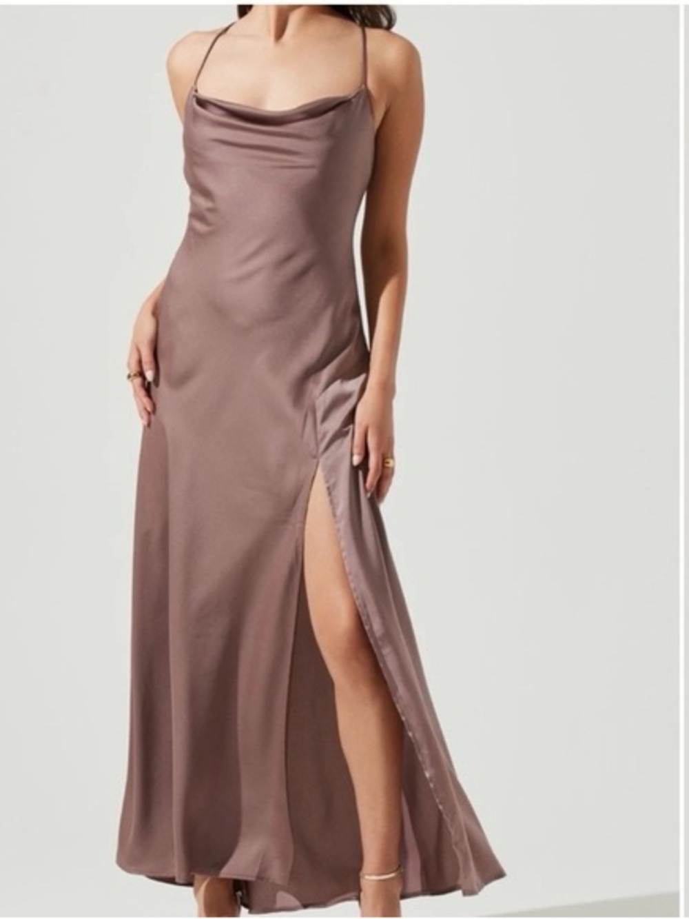 ASTR Gaia Cowl Neck Satin Slip Midi Dress in Dusty Mauve
